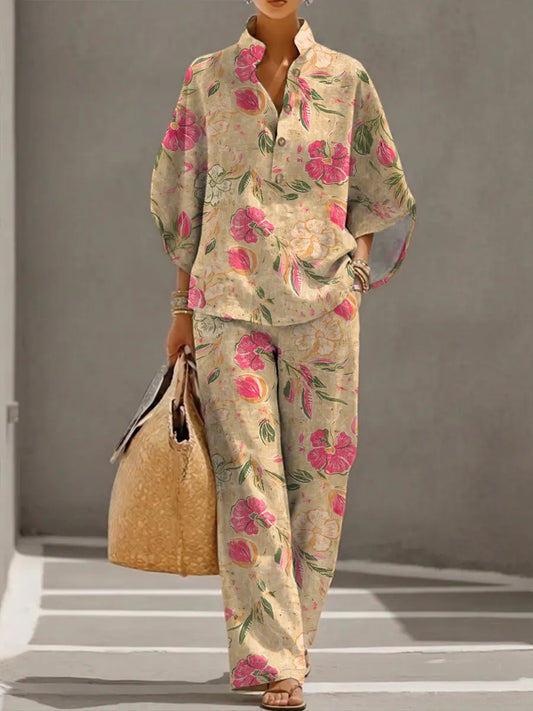 Women's Retro Floral Art Print Casual 3/4 Sleeve Top And Pants Cotton Linen Suits