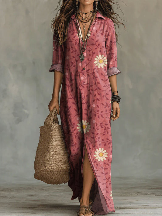Women's Flower Print Casual Solid-color Linen-cotton Dress