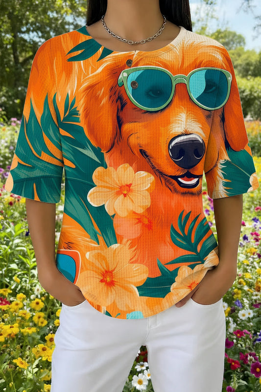 Womens Orange Sunflower Dog Print Casual Waffle Cotton Shirt