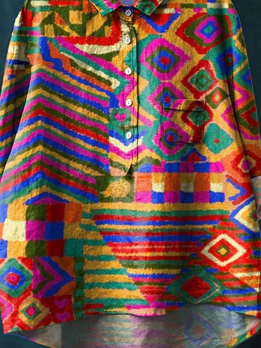 Women's Vintage Ethnic Art Print Casual Cotton And Linen Shirt