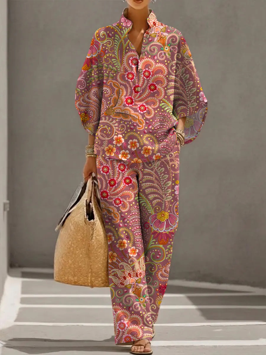 Women's Retro Floral Art Print Casual 3/4 Sleeve Top And Pants Cotton Linen Suits