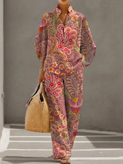 Women's Retro Floral Art Print Casual 3/4 Sleeve Top And Pants Cotton Linen Suits