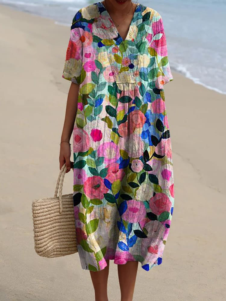 Colorful Spring Floral Garden Printed Women's Flowy Dress