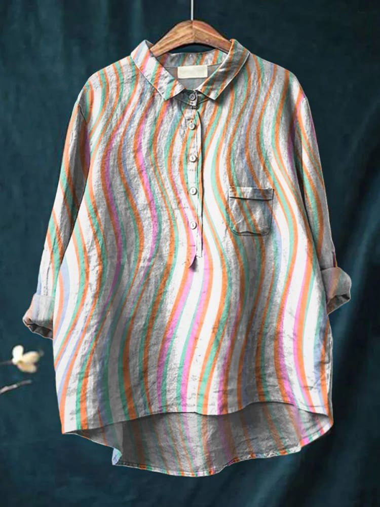 Women's Line Art Print Casual Cotton And Linen Shirt