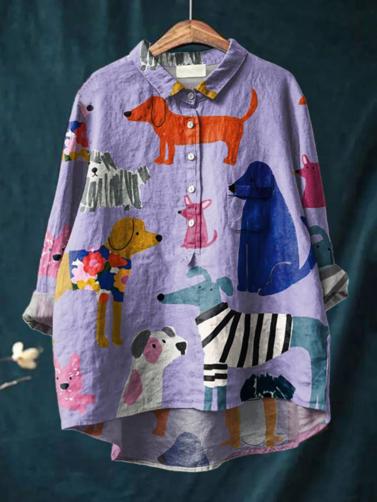 Women's Dog  Art Print Casual Cotton And Linen Shirt