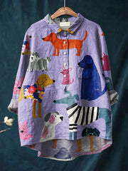 Women's Dog  Art Print Casual Cotton And Linen Shirt