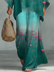 Women's Vintage Floral Art Comfortable Loose Cotton Linen Wide-leg Pants Two-piece Set