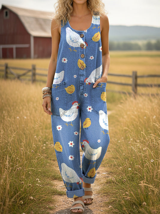 Women's Cute Chicken Print Casual Denim Jumpsuit