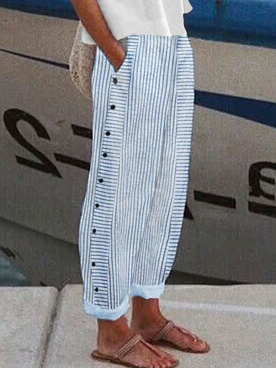 Blue Stripe Print Side Pocket Pants