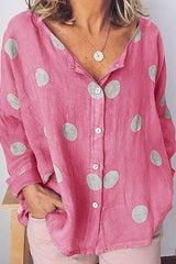 Polka Dot Print Buttons O-neck Long Sleeves Blouse