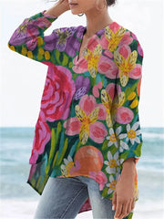 Women's  Flower Print Casual Linen V-neck Shirt