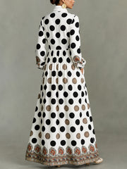 Classic Totem & Polka Dot Color-block Dress With Lapel, Cinched Waist, And Flared Skirt