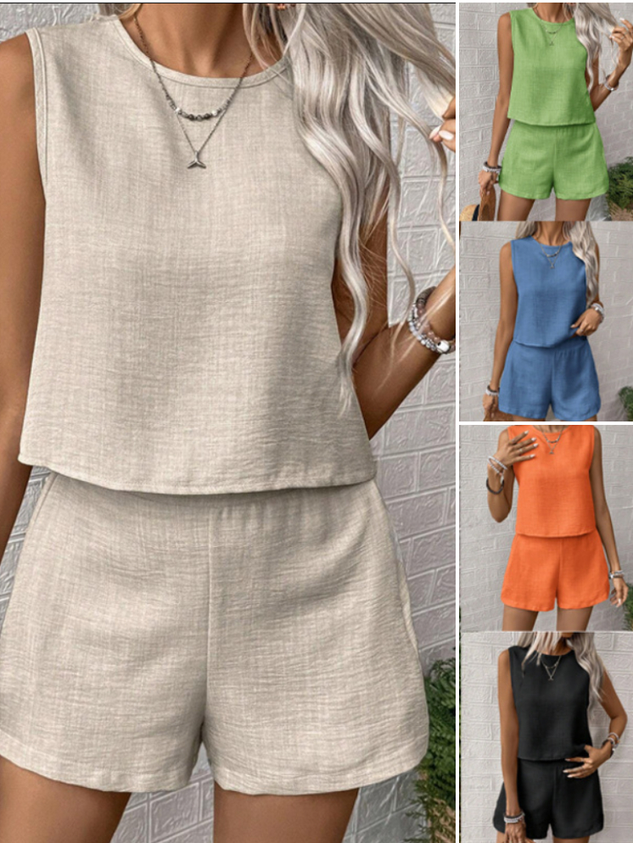 Women Plain Crew Neck Sleeveless Comfy Casual Top With Pants Two-Piece Set