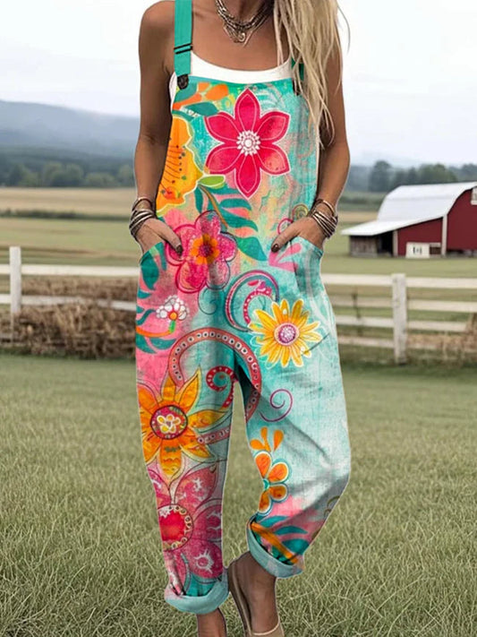 Women's Vintage Floral Pattern Art Print Casual Cotton Linen Wide Leg Jumpsuit