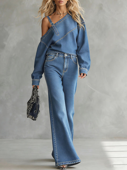 Women's Off-the-shoulder Long-sleeved Casual Loose Top And High-waisted Wide-leg Denim Pants Set.