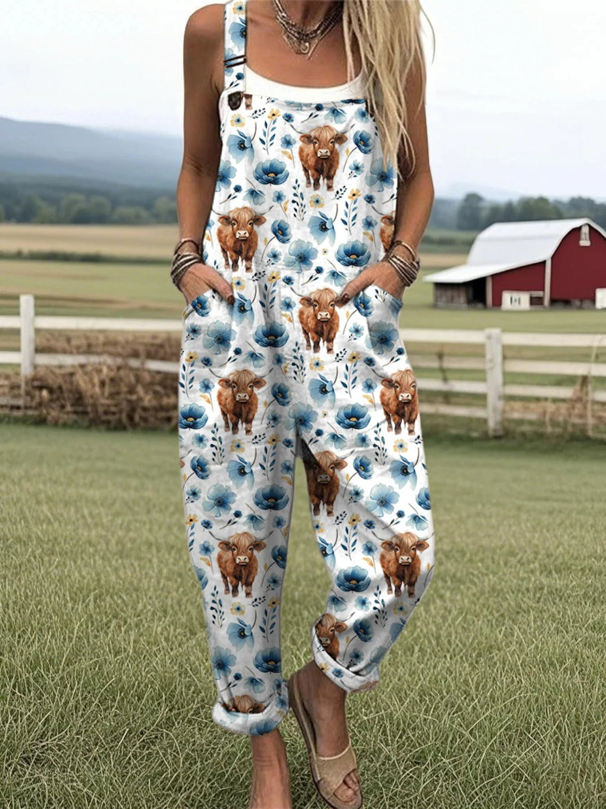 Women's Highland Cow Floral Print Casual Cotton Linen Wide Leg Jumpsuit