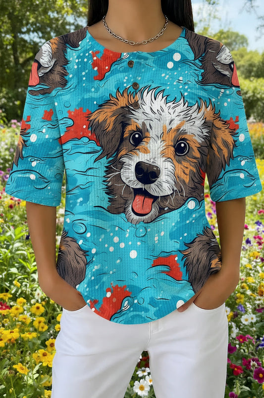 Womens Blue Cartoon Dog Print Casual Waffle Cotton Shirt