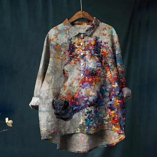 Women's Horse Art Print Casual Cotton And Linen Shirt