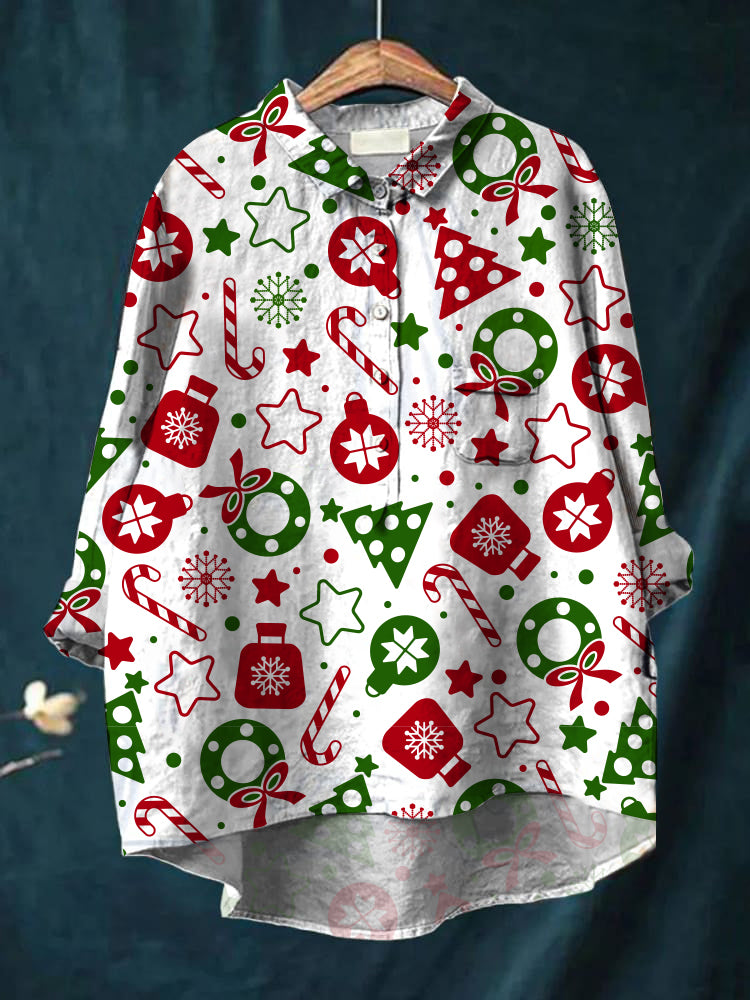 Women's cartoon Christmas art printed cotton and linen shirt