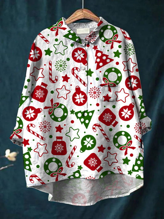 Women's cartoon Christmas art printed cotton and linen shirt