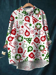 Women's cartoon Christmas art printed cotton and linen shirt