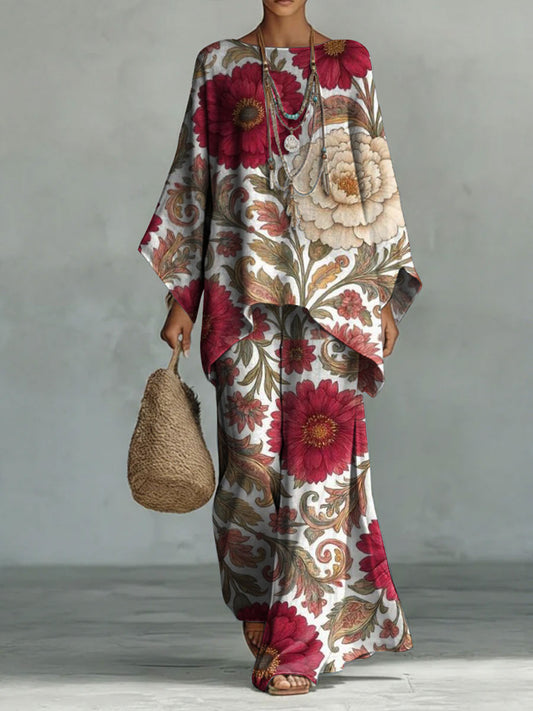 Women's Vintage Floral Art Comfortable Loose Cotton Linen Wide-leg Pants Two-piece Set