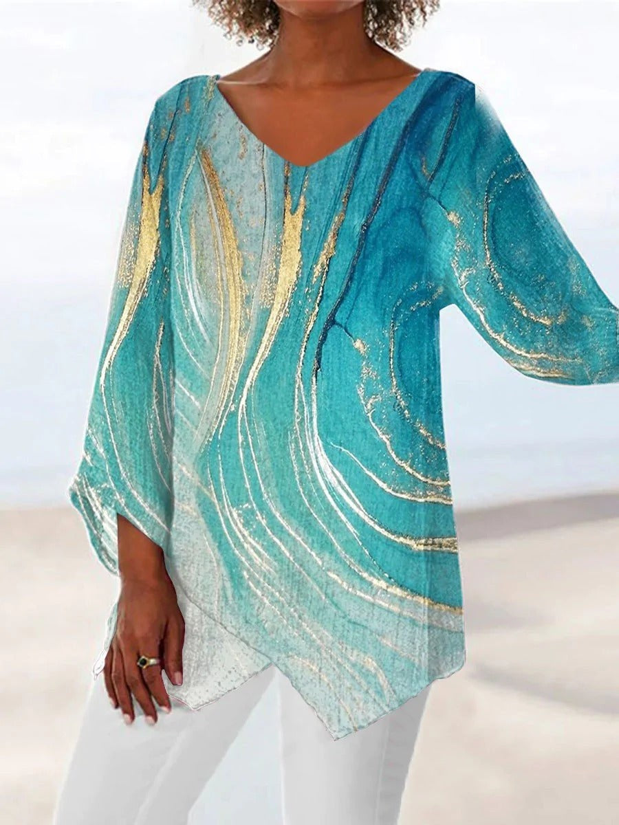 Vintage V Neck Marble Print Irregular Hem Long Sleeve Blouse