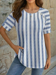 Casual Striped Round Neck Short Sleeve Tops