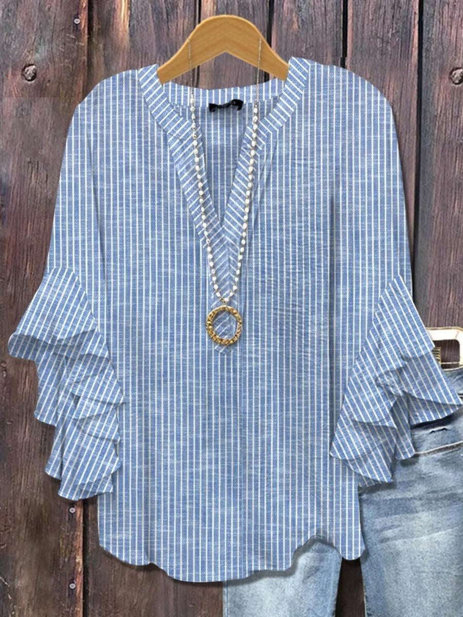 Blue Striped  V-neck 3/4 Sleeve Blouse