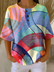 Women's Colorful Short Sleeve Stripes pattern Print Casual Cotton Shirt