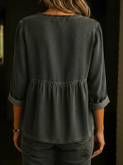 Plain V-neck Long Sleeve Buttons Denim Shirt