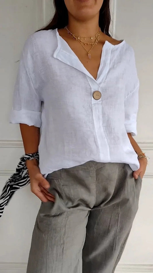 Solid Buttoned V-Neck Short Sleeve Blouse