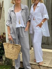 Linen Plain Collared Long Sleeves Two-Piece Set