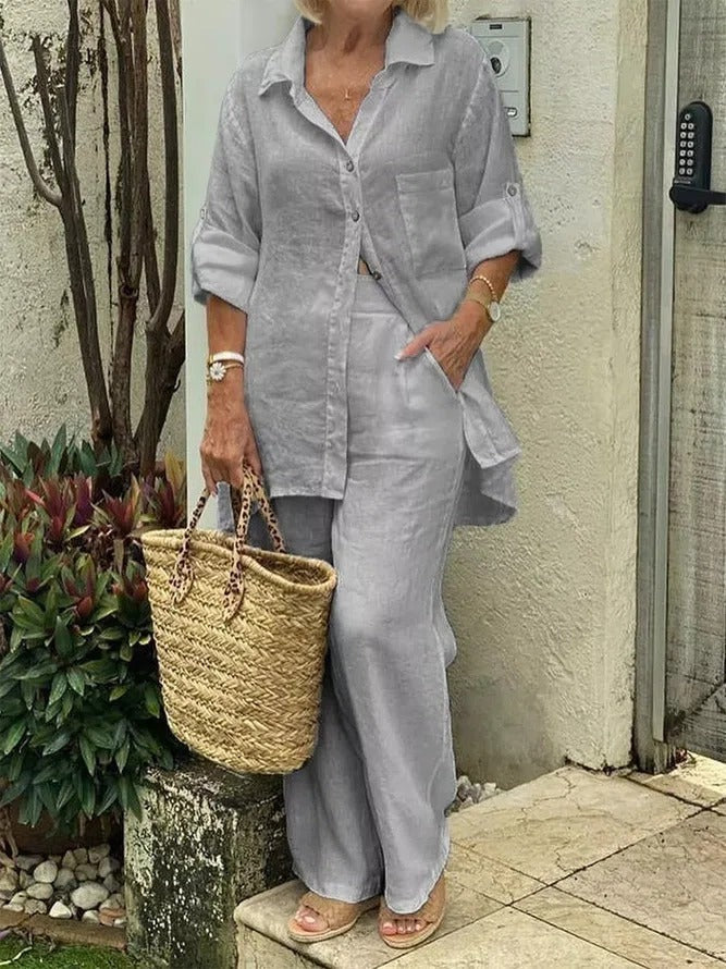 Linen Plain Collared Long Sleeves Two-Piece Set