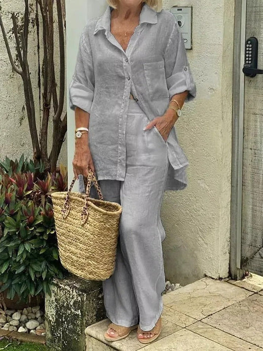 Linen Plain Collared Long Sleeves Two-Piece Set