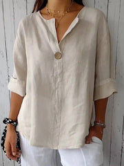 Plain Cotton V-neck 3/4 Sleeves Buttoned Blouse