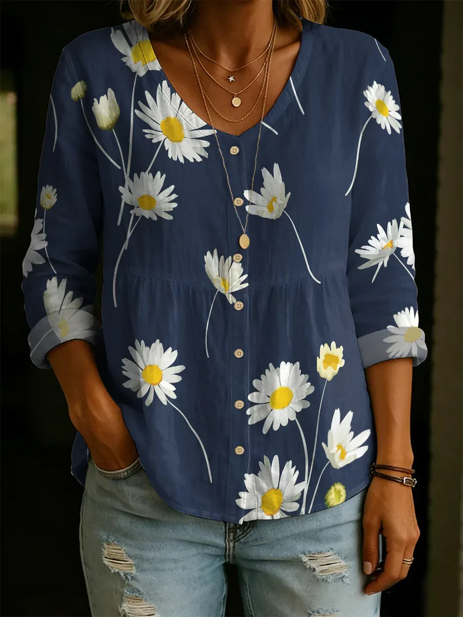 Floral Pattern Linen And Cotton Casual Shirt