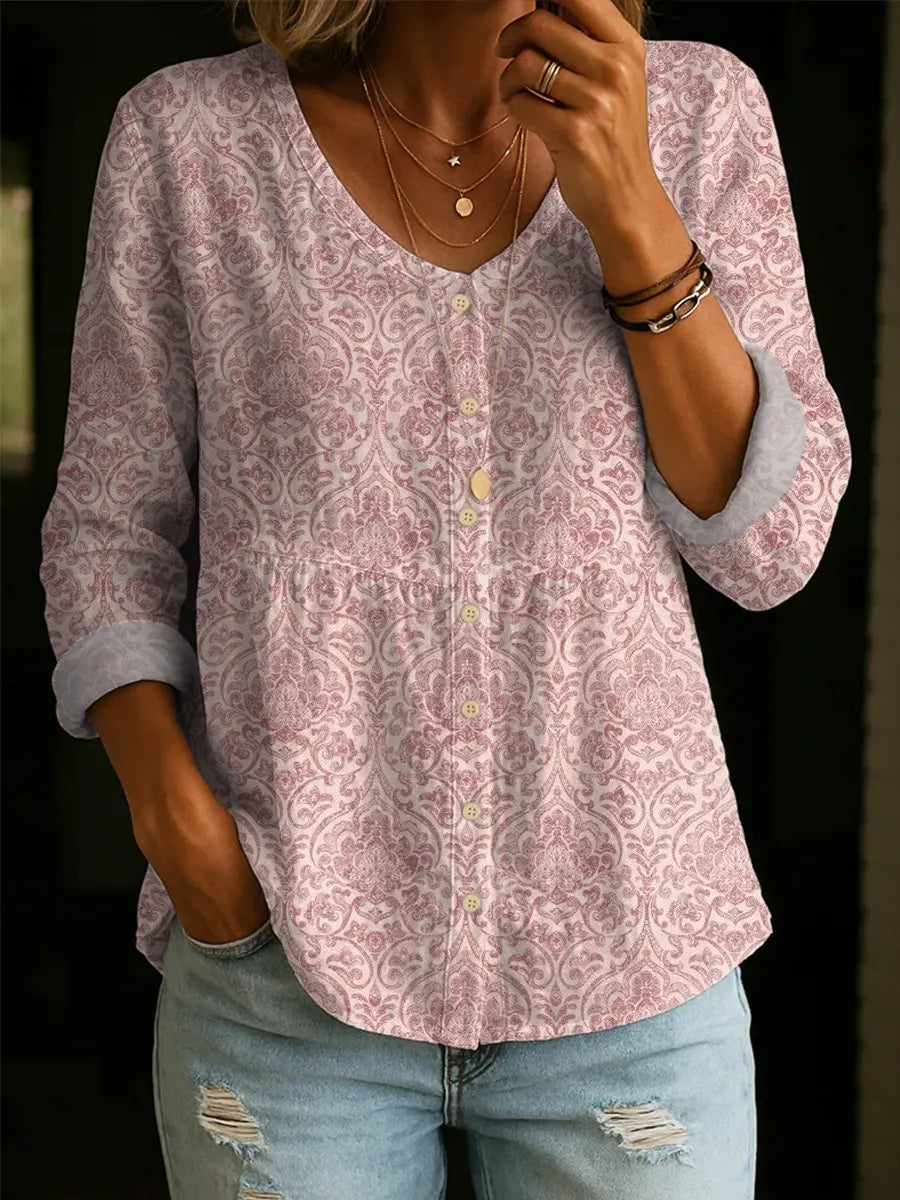 Floral Pattern Art Print V-Neck Cotton Linen Shirt