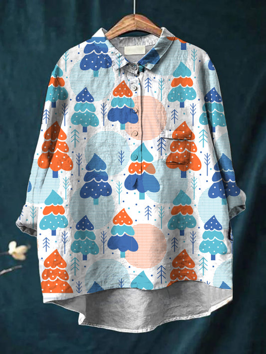 Women's cute pine printed casual cotton and linen shirt