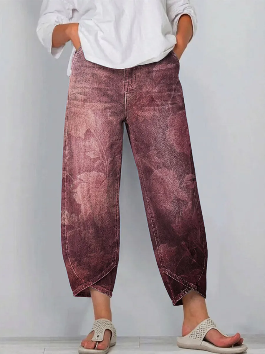 Women's Vintage Floral Pattern Art Print Casual  Denim Pants