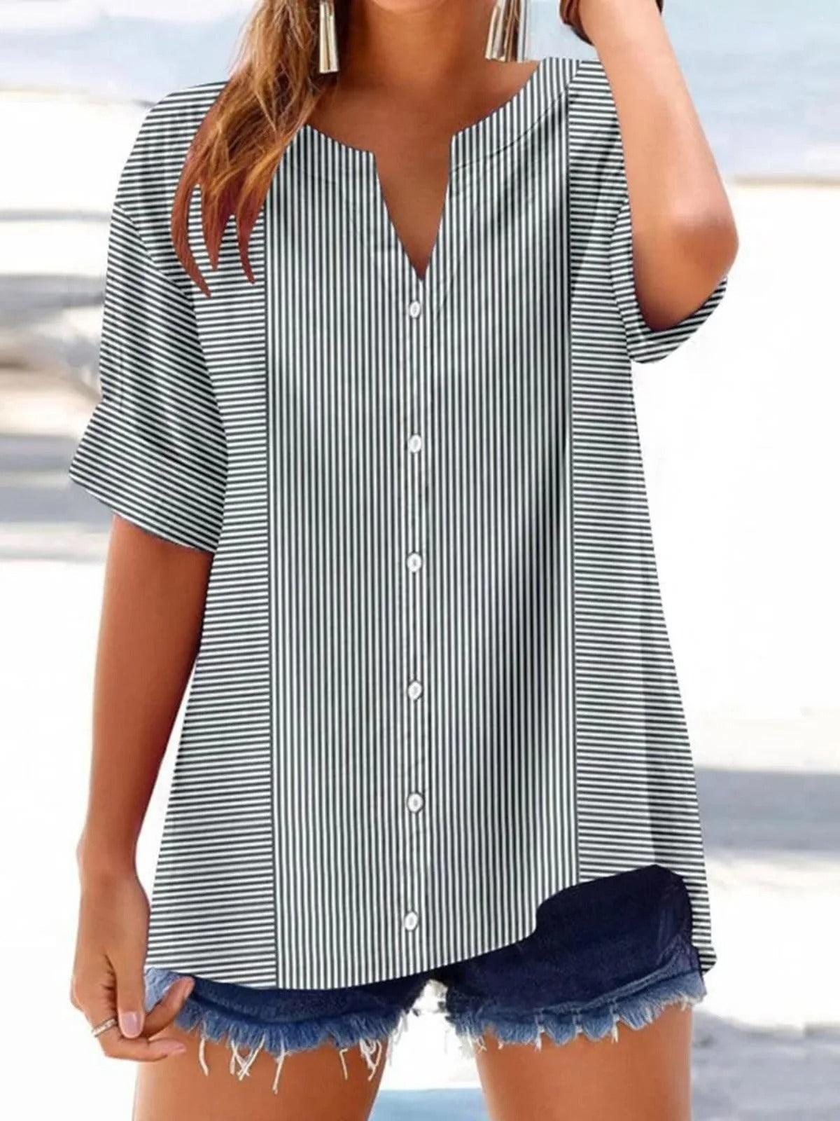Gray-White Striped V-neck Short Sleeve Tops