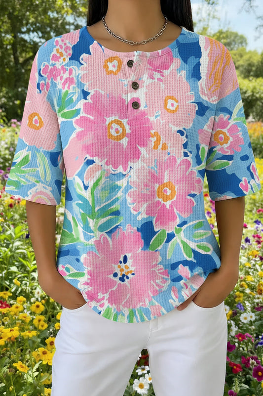 Womens Pink Garden Bloom Floral Print Casual Waffle Cotton Shirt