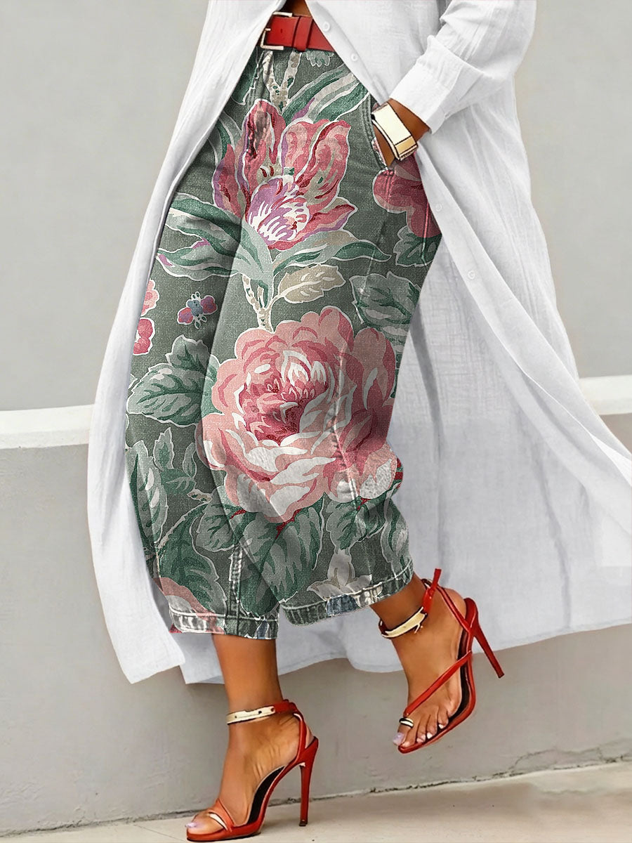 Women's Vintage Floral Print Casual Jeans
