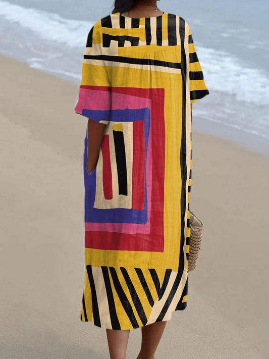 Abstract Painterly V-neck Resort Dress
