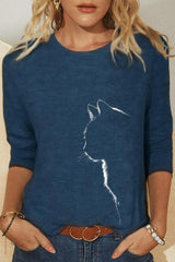 Cat Print Casual Round Neck Long Sleeves Sweatshirt