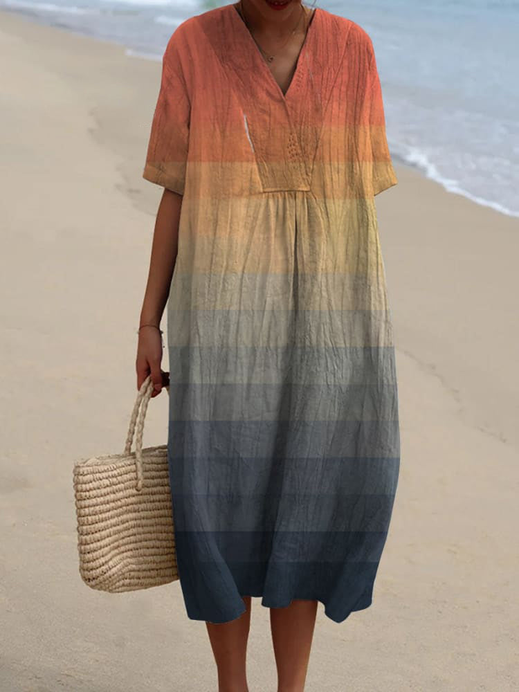 Women's V Neck Vintage Orange Blue Square Grid Art Mosaic Gradient Art Linen Loose Dress
