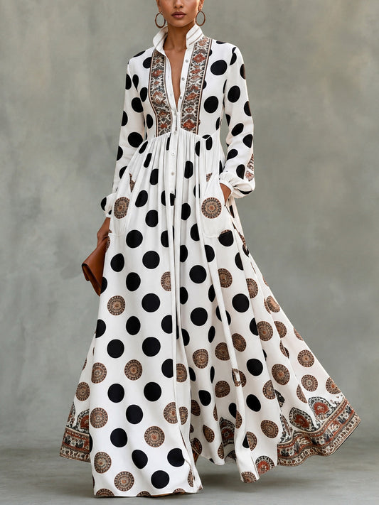 Classic Totem & Polka Dot Color-block Dress With Lapel, Cinched Waist, And Flared Skirt