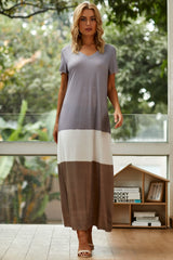Stripe Patchwork V-neck Short Sleeves Maxi Dress