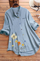 Floral Print Buttons Stand Collar Long Sleeves Shirt