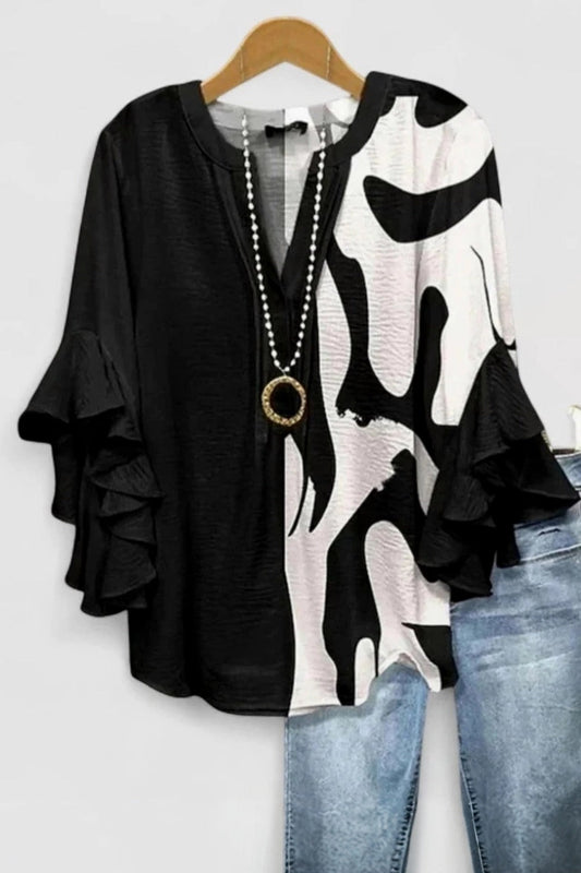 Women's  Black Casual V-Neck 3/4 Sleeve Blouse